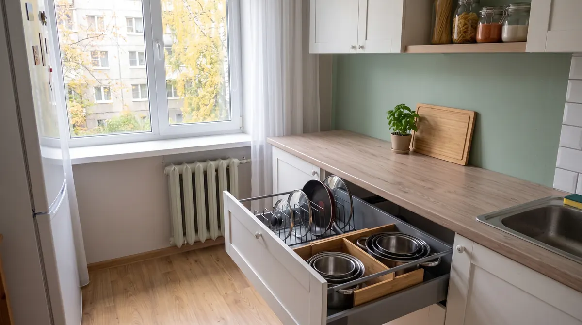 Выдвижной ящик кухни со сковородами и крышками, хранящимися вертикально