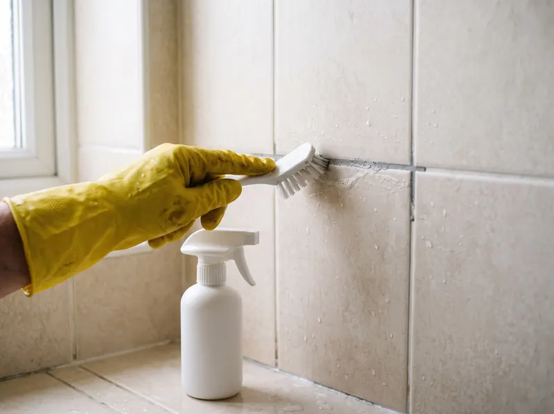 Рука в перчатке отчищает швы плитки щёткой